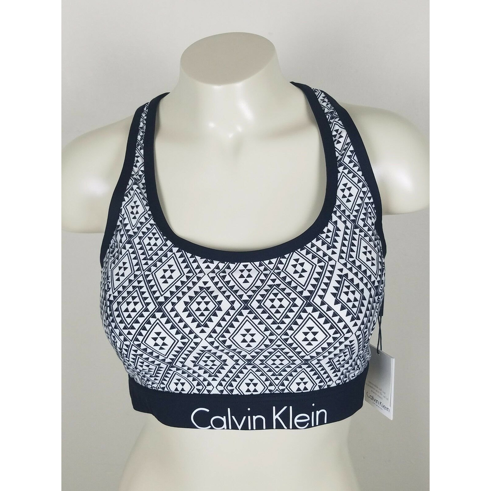 Calvin Klein Womens Black White Mesh Inset Printed Bikini Swim Top Size M NWT